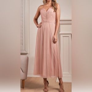 Jasmine B2 Soft Tulle Midi A-line Gown w/Strapless V-Neck & Ruffle Edge Skirt